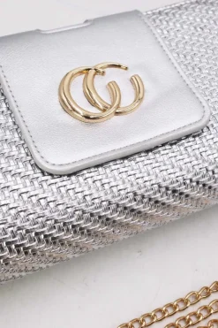 Zilveren Clutch van Gevlochten Imitatieleer met Gouden Chain