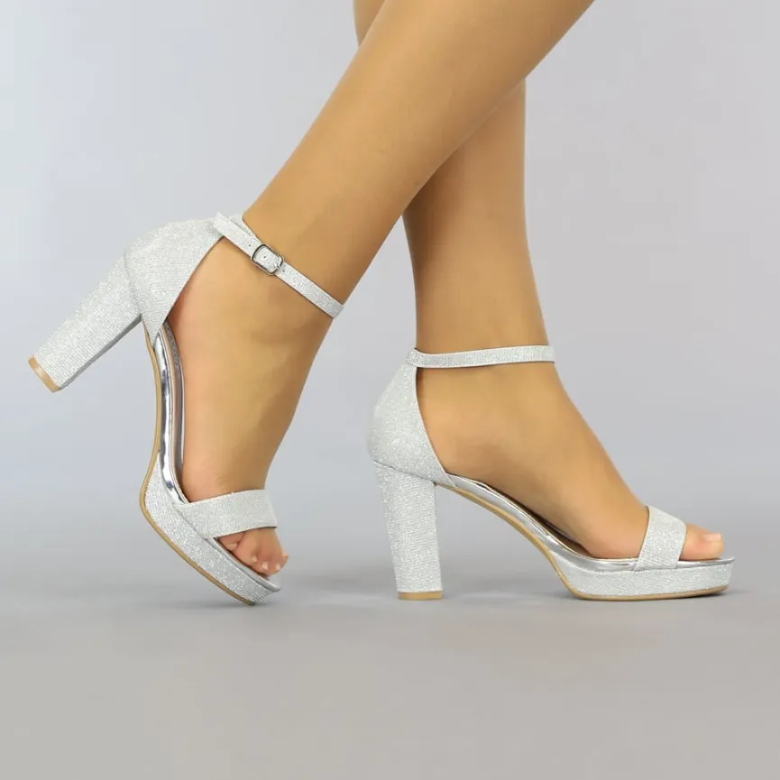 Zilveren Glitter Sandaletten met Stevige Hak