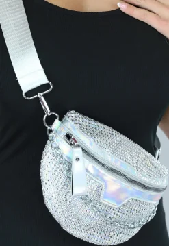 Zilveren Holografische Glitter Crossbody Tas met Ketting