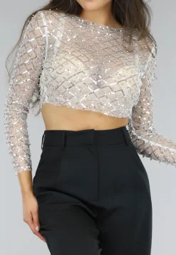 Zilveren Longsleeve Mesh Top met Parels