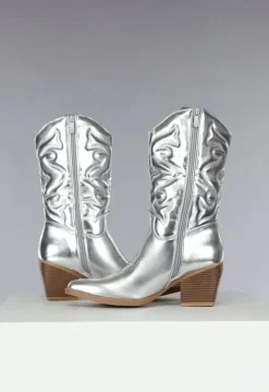 Zilveren Metallic Cowboylaarsjes met Stiksels
