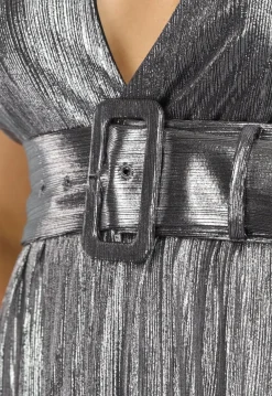 Zilveren Metallic One Shoulder Galajurk met Riem en Split