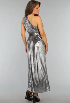 Zilveren Metallic One Shoulder Galajurk met Riem en Split