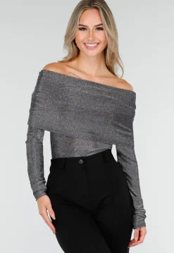 Zilveren Off Shoulder Top met Lange Mouwen