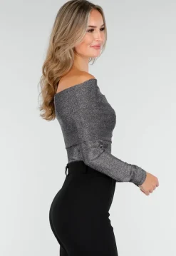 Zilveren Off Shoulder Top met Lange Mouwen