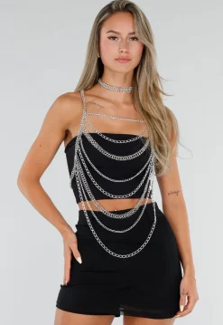 Zilverkleurige Bodychain met Choker en Verstelbare Rugsluiting