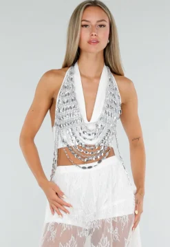 Zilverkleurige Bodychain met Strass Stenen en Kettingen