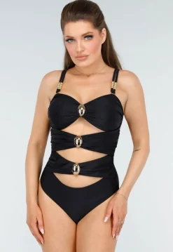 Zwart Badpak met Gouden Accenten en Comfortabele Pasvorm