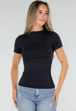 Zwart Basic T-Shirt met Korte Mouwen en Ronde Hals