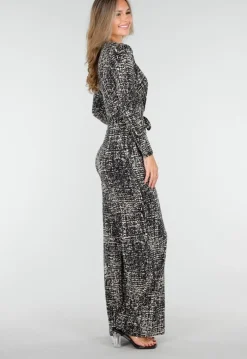 Zwart Beige Jumpsuit met Print en Ceintuur