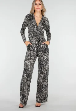 Zwart Beige Jumpsuit met Print en Ceintuur