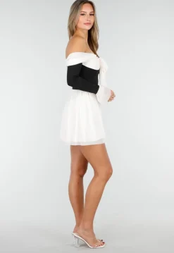 Zwart Beige Off Shoulder Jurk met Strikdetail