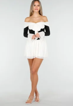 Zwart Beige Off Shoulder Jurk met Strikdetail