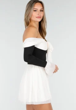 Zwart Beige Off Shoulder Jurk met Strikdetail