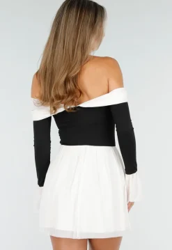 Zwart Beige Off Shoulder Jurk met Strikdetail