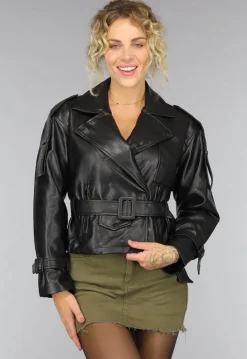 Zwart Biker Jack met Riem Details