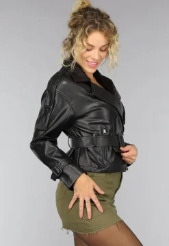 Zwart Biker Jack met Riem Details