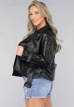 Zwart Biker Jack met Riem Details