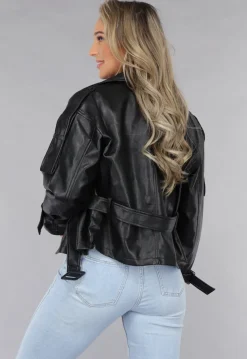 Zwart Biker Jack met Riem Details