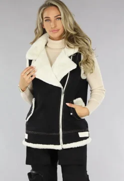 Zwart Denim Gilet met Teddy Voering