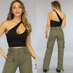 Zwarte Asymmetrische One Shoulder Stretch Top