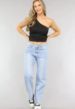 Zwarte Asymmetrische One Shoulder Top met Plooitjes