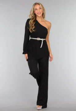 Zwarte Asymmetrische Top met Ruffle Mouw