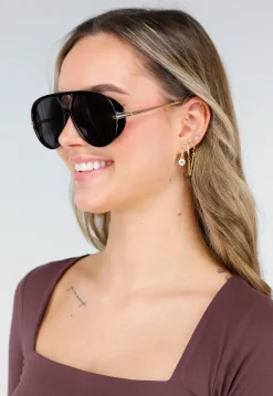 Zwarte Aviator Zonnebril met Gouden Pootjes