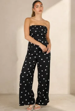 Zwarte Bandeau Jumpsuit met Witte Stippenprint en Wide Leg