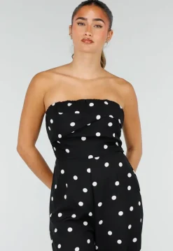 Zwarte Bandeau Jumpsuit met Witte Stippenprint en Wide Leg