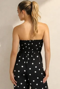 Zwarte Bandeau Jumpsuit met Witte Stippenprint en Wide Leg