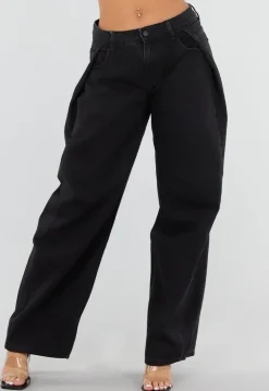 Zwarte Barrel Jeans met Hoge Taille en Plooien