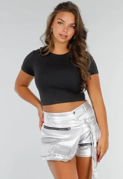 Zwarte Basic Croptop met Dubbele Voering, Stretch en Aansluitende Pasvorm