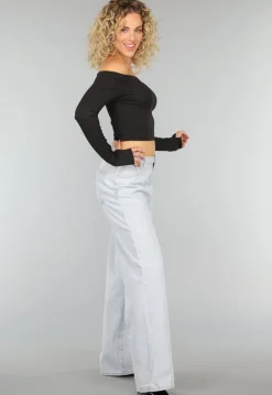 Zwarte Basic Longsleeve Off Shoulder Top met Duimgaten
