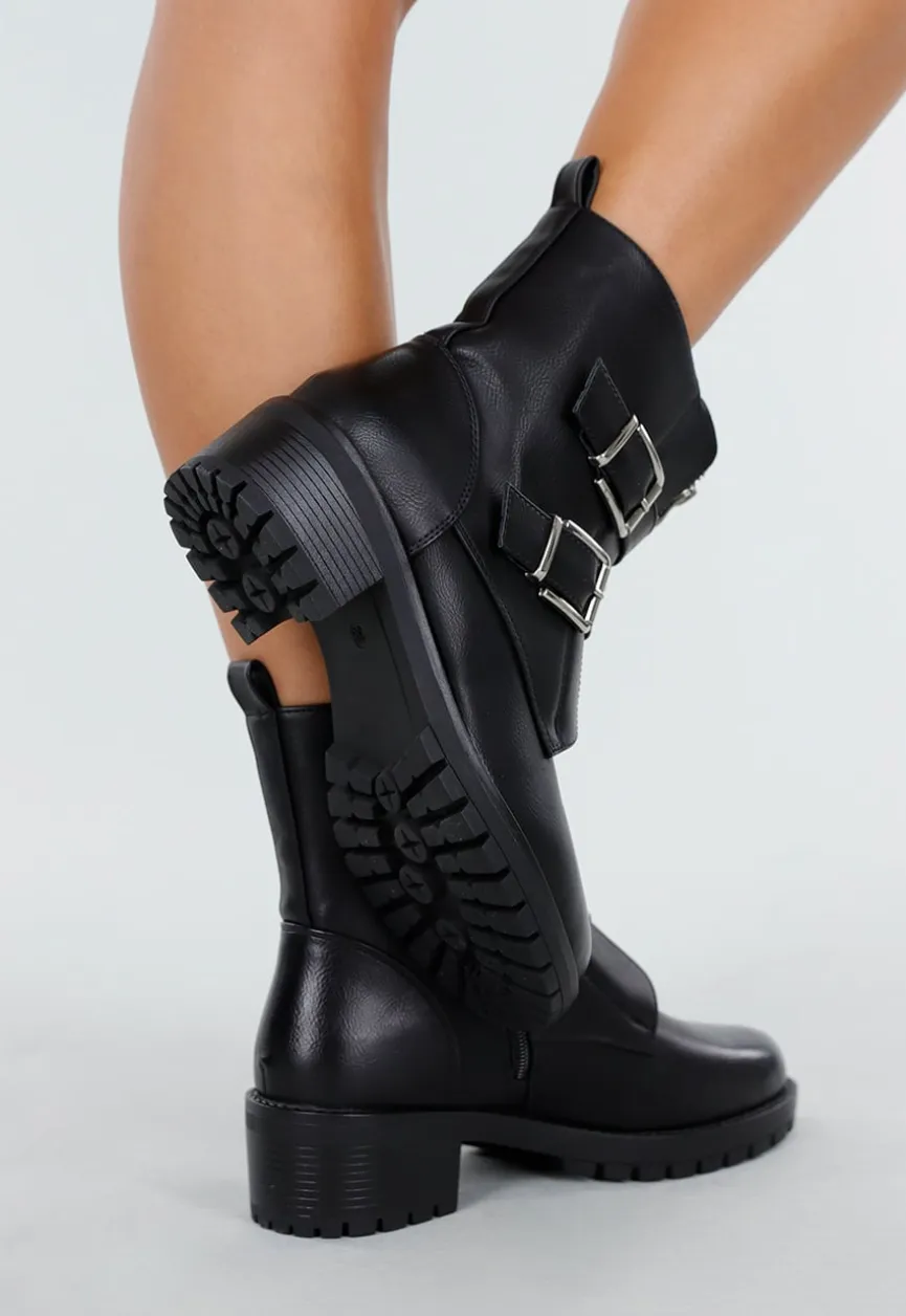 Zwarte Biker Boots met Gespen en Ritsdetail