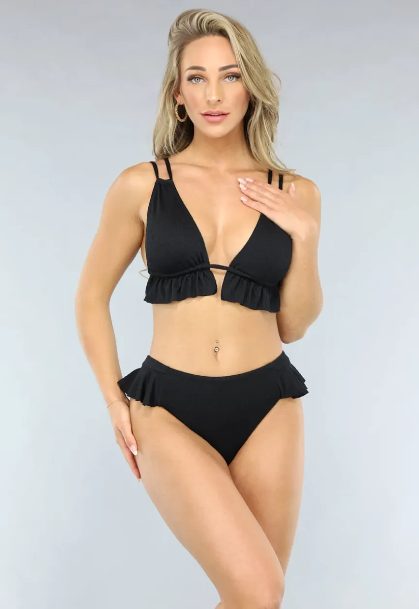 Zwarte Bikini Top met Ruches en Uitneembare Pads