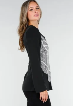 Zwarte Blazer met Lange Mouwen en Wit Kant Detail