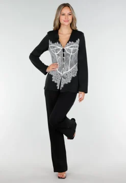 Zwarte Blazer met Lange Mouwen en Wit Kant Detail