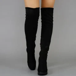 Zwarte Blokhak Suède-Look Overknee Laarzen