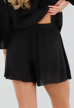 Zwarte Blouse en Short Set met Wijde Mouwen