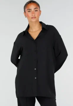 Zwarte Blouse met Kraag, Knoopsluiting en Lange Mouwen