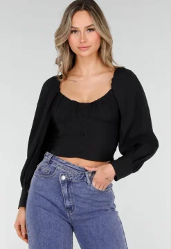 Zwarte Blouse met Lange Pofmouwen en Knopen