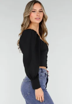 Zwarte Blouse met Lange Pofmouwen en Knopen
