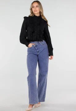 Zwarte Blouse met Ruches en Lange Mouwen