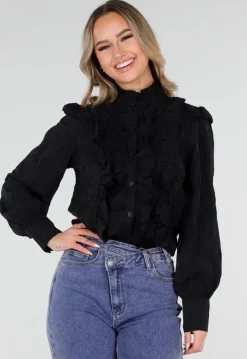 Zwarte Blouse met Ruches en Lange Mouwen