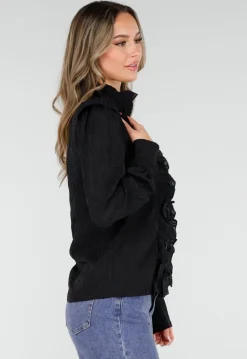 Zwarte Blouse met Ruches en Lange Mouwen