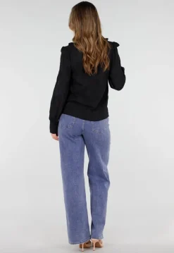 Zwarte Blouse met Ruches en Lange Mouwen