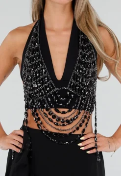 Zwarte Bodychain met Zwarte Stenen en Meerdere Kettingen