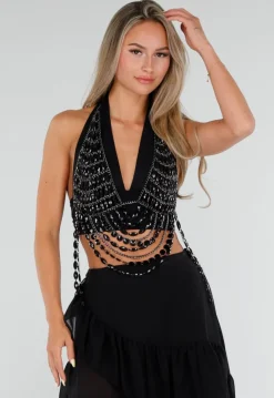 Zwarte Bodychain met Zwarte Stenen en Meerdere Kettingen