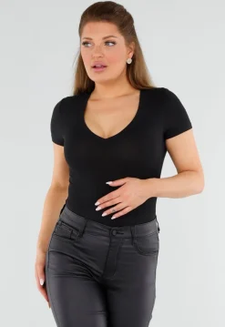 Zwarte Body met V-Hals en Korte Mouwen